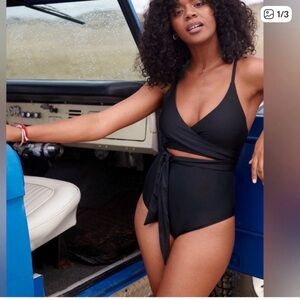 Set of 2 - Aerie Black & Animal Print Wrap One Piece Swimsuits